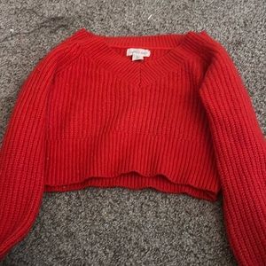 Red Happy Grey off the shoulder halter top cropped sweater